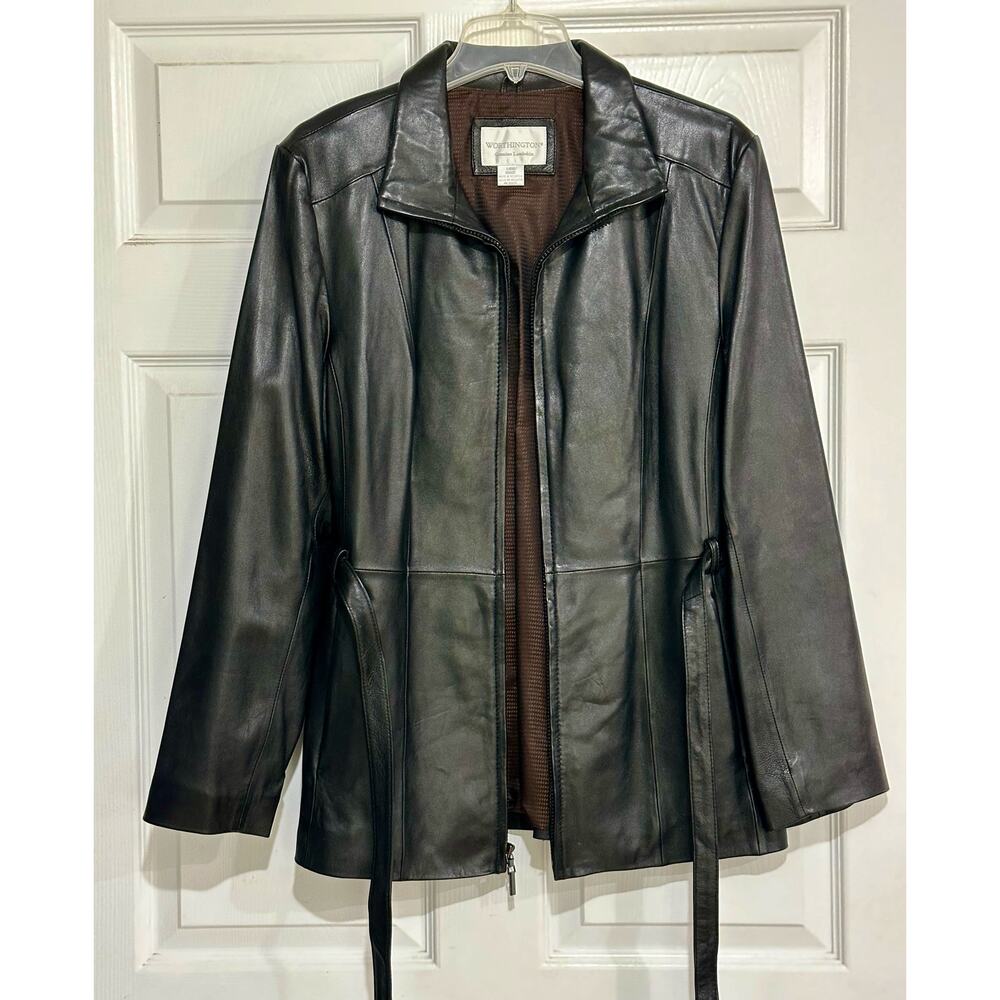 Worthington Genuine Lambskin Black jacket zipper front tie belt Women's Large